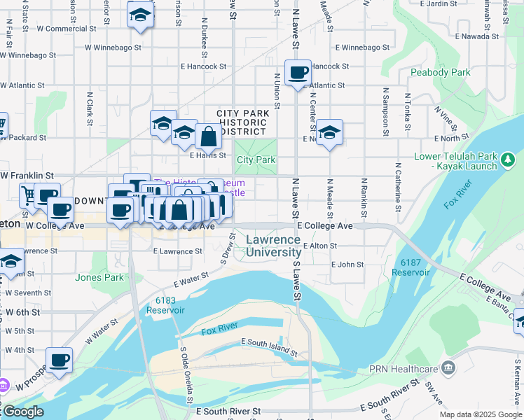 map of restaurants, bars, coffee shops, grocery stores, and more near 510 East College Avenue in Appleton
