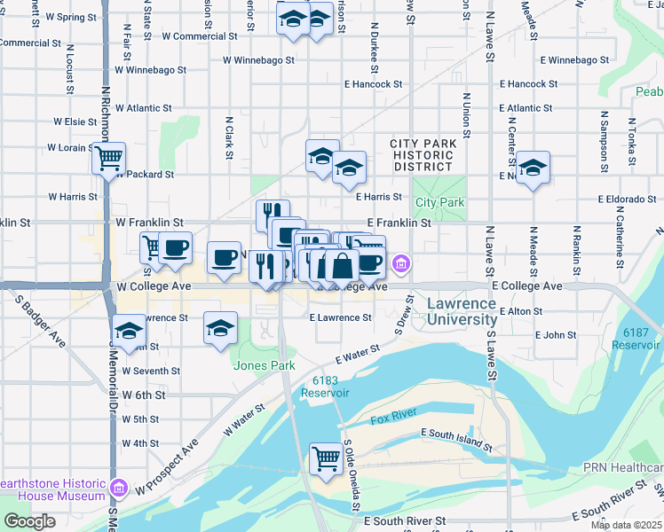 map of restaurants, bars, coffee shops, grocery stores, and more near 122 East College Avenue in Appleton