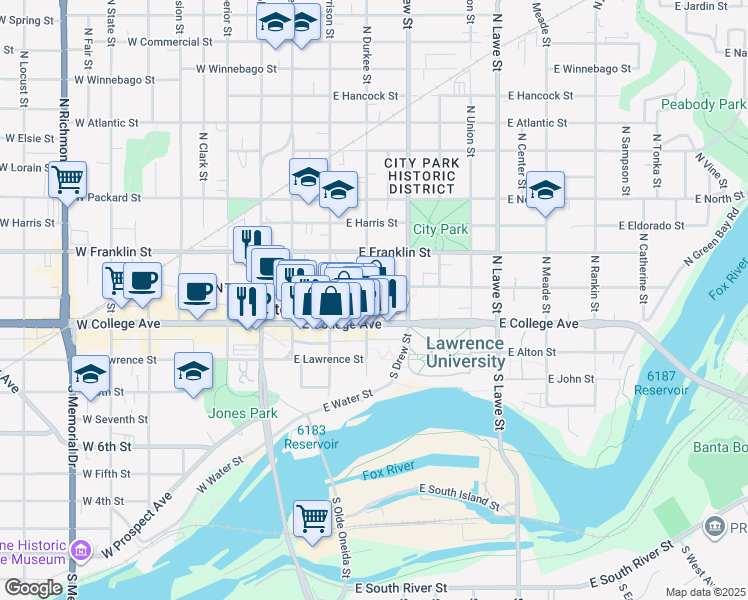 map of restaurants, bars, coffee shops, grocery stores, and more near 308 East College Avenue in Appleton
