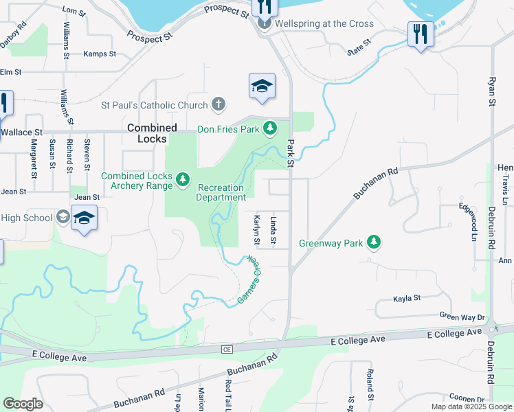 map of restaurants, bars, coffee shops, grocery stores, and more near 604 Karlyn Street in Combined Locks