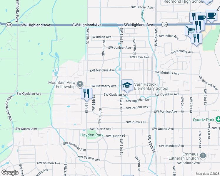 map of restaurants, bars, coffee shops, grocery stores, and more near 3211 Southwest Obsidian Avenue in Redmond