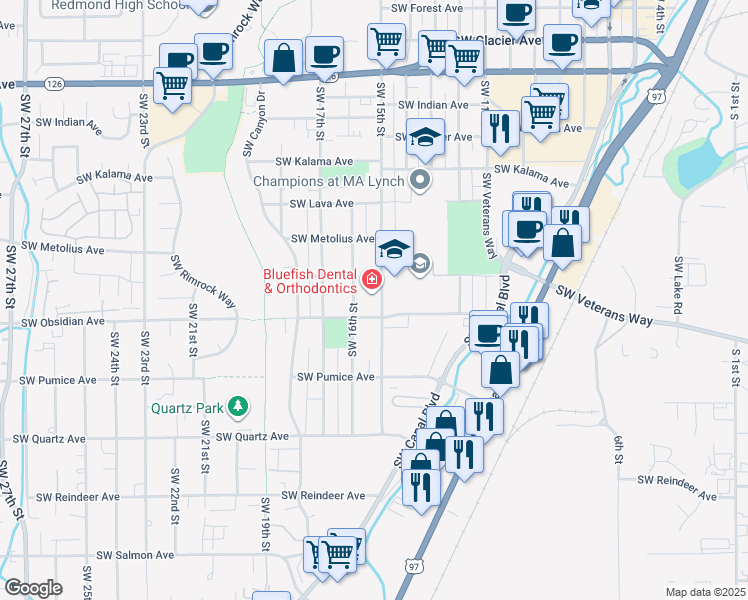 map of restaurants, bars, coffee shops, grocery stores, and more near 1544 Southwest Obsidian Avenue in Redmond