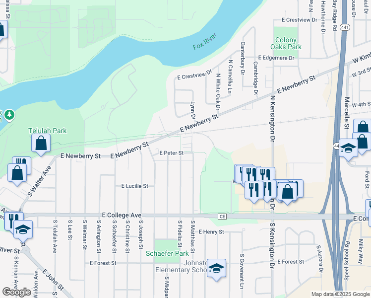 map of restaurants, bars, coffee shops, grocery stores, and more near 103 South Fidelis Street in Appleton