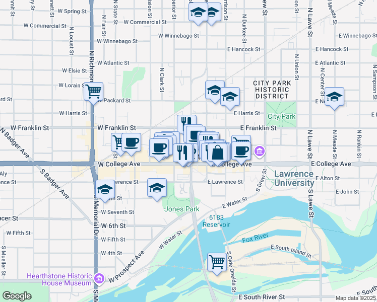 map of restaurants, bars, coffee shops, grocery stores, and more near in Appleton
