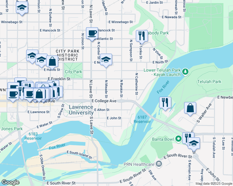 map of restaurants, bars, coffee shops, grocery stores, and more near 838 East College Avenue in Appleton
