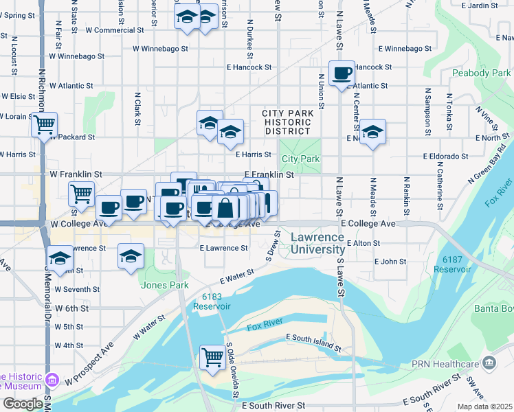 map of restaurants, bars, coffee shops, grocery stores, and more near 308 East College Avenue in Appleton