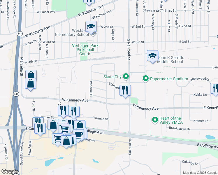 map of restaurants, bars, coffee shops, grocery stores, and more near 632 Cobble Stone Lane in Kimberly
