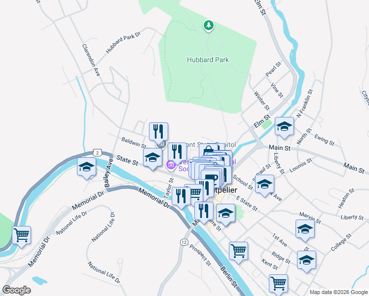 map of restaurants, bars, coffee shops, grocery stores, and more near 49 Greenwood Terrace in Montpelier
