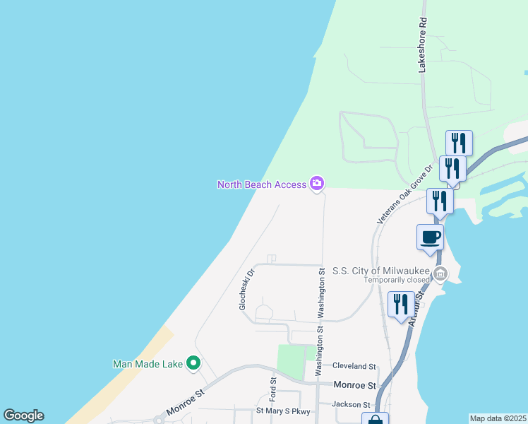 map of restaurants, bars, coffee shops, grocery stores, and more near 326 Dunes Drive in Manistee