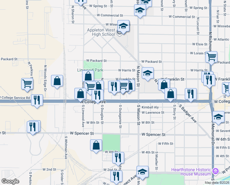 map of restaurants, bars, coffee shops, grocery stores, and more near 1500 West College Avenue in Appleton