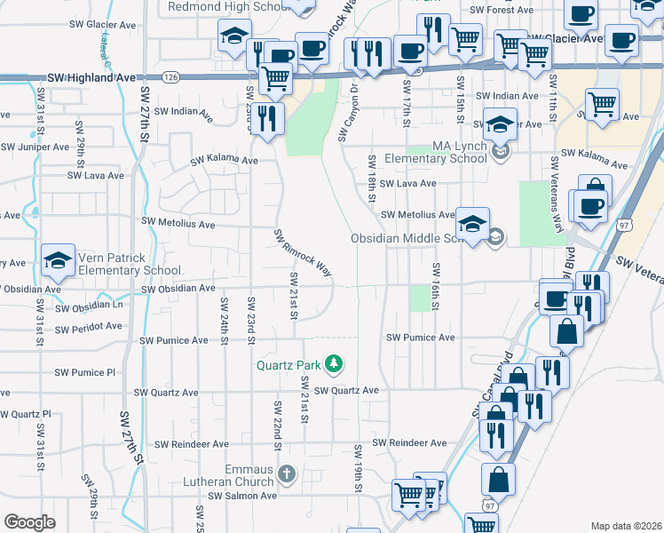 map of restaurants, bars, coffee shops, grocery stores, and more near 2030 Southwest Obsidian Avenue in Redmond