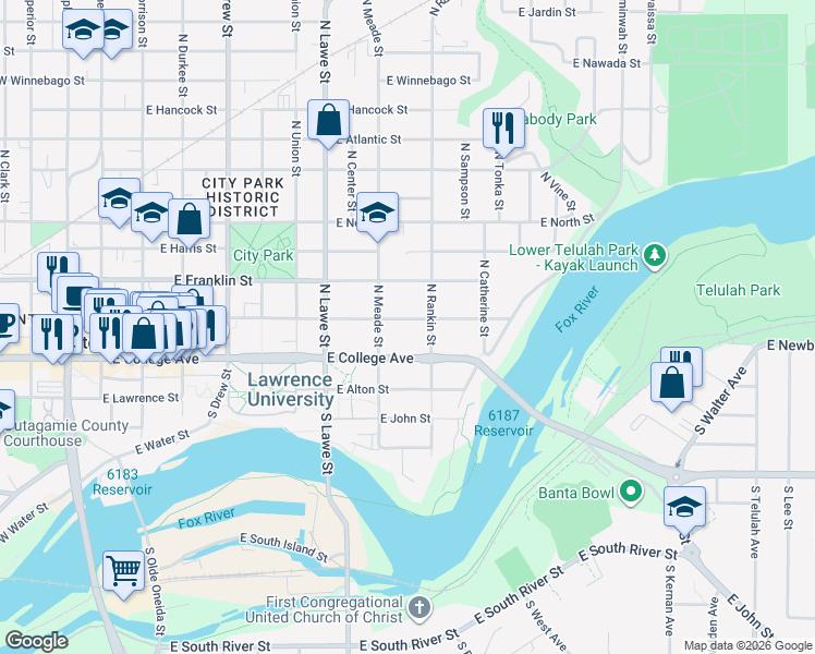 map of restaurants, bars, coffee shops, grocery stores, and more near 838 East College Avenue in Appleton