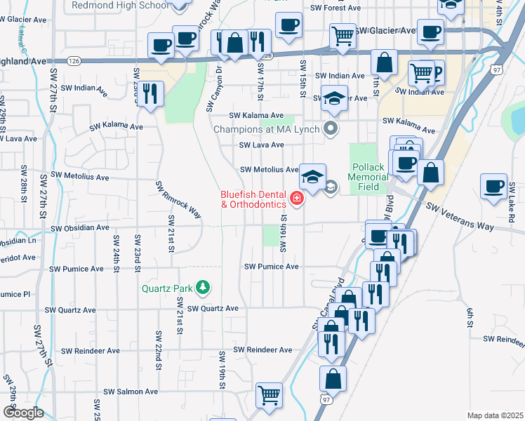 map of restaurants, bars, coffee shops, grocery stores, and more near 1474 Southwest 17th Street in Redmond