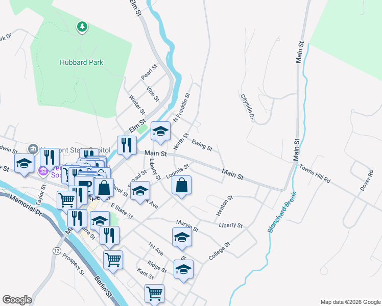 map of restaurants, bars, coffee shops, grocery stores, and more near 39 Loomis Street in Montpelier