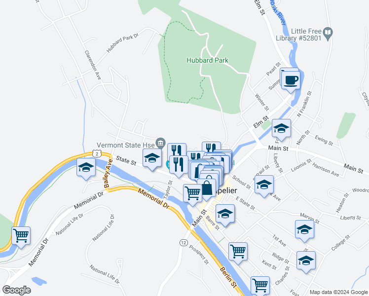 map of restaurants, bars, coffee shops, grocery stores, and more near 45 Court Street in Montpelier