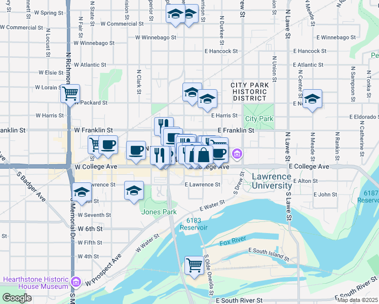 map of restaurants, bars, coffee shops, grocery stores, and more near 10 South Oneida Street in Appleton