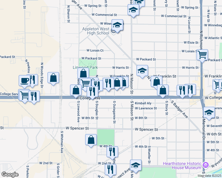 map of restaurants, bars, coffee shops, grocery stores, and more near 1500 West College Avenue in Appleton