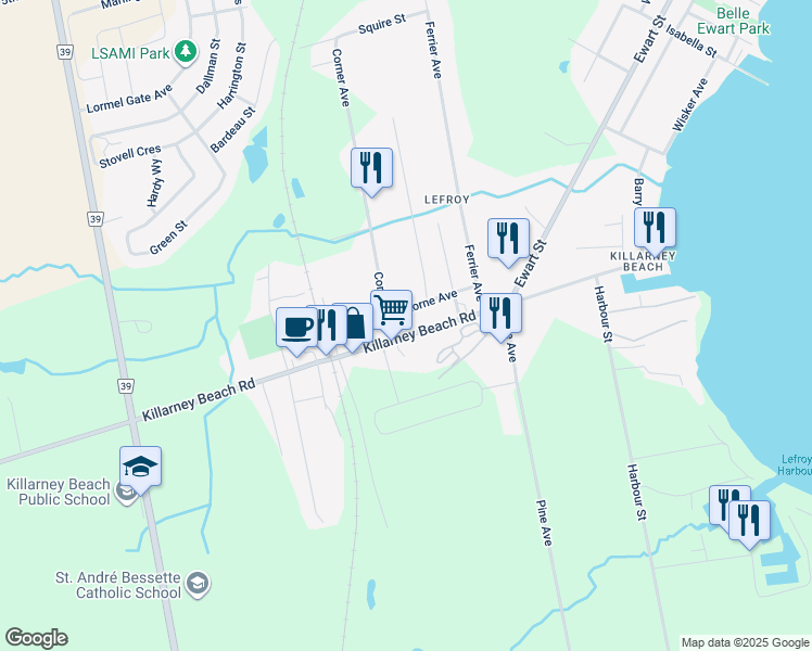 map of restaurants, bars, coffee shops, grocery stores, and more near 1302 Killarney Beach Road in Innisfil