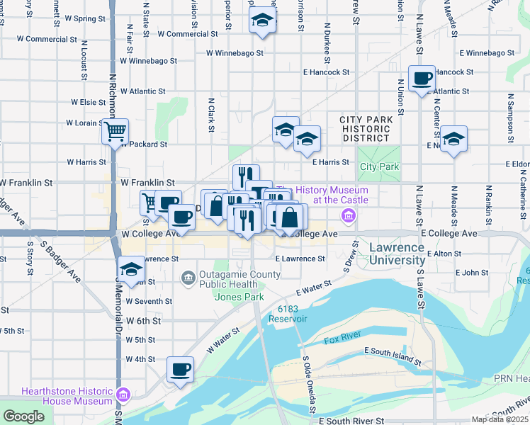 map of restaurants, bars, coffee shops, grocery stores, and more near in Appleton