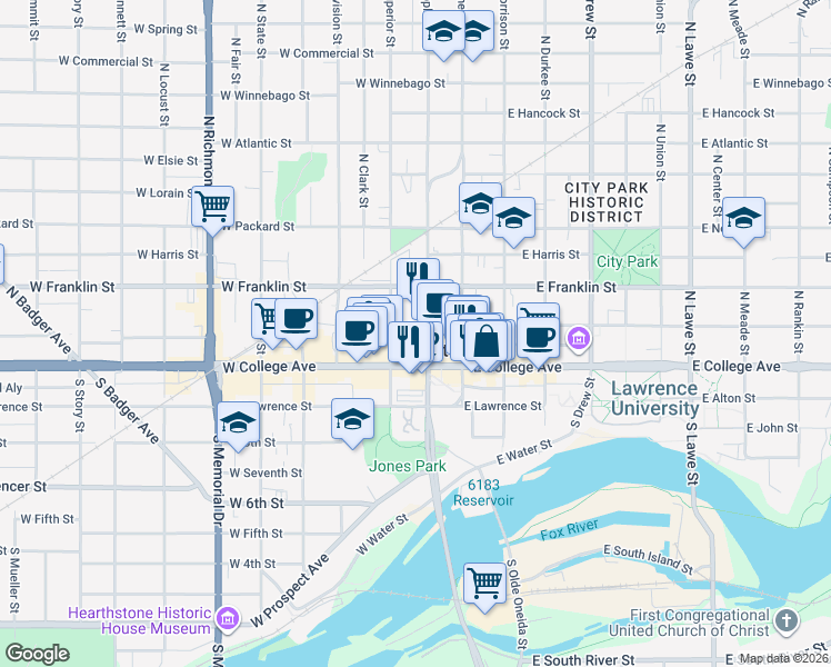 map of restaurants, bars, coffee shops, grocery stores, and more near in Appleton