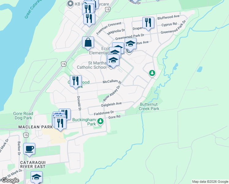 map of restaurants, bars, coffee shops, grocery stores, and more near Rose Abbey Drive in Kingston