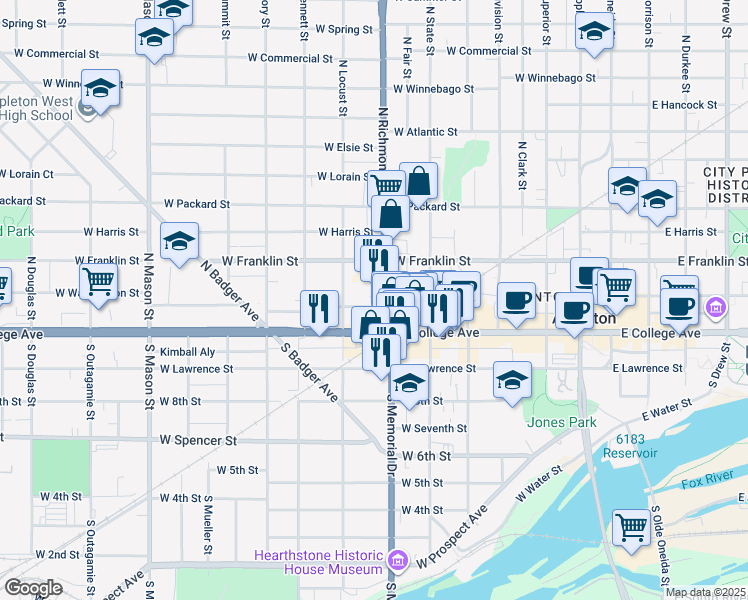 map of restaurants, bars, coffee shops, grocery stores, and more near 133 North Richmond Street in Appleton