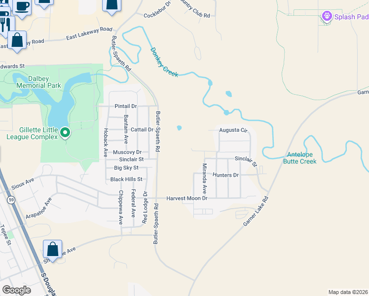 map of restaurants, bars, coffee shops, grocery stores, and more near 3403 Quacker Avenue in Gillette