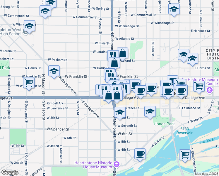 map of restaurants, bars, coffee shops, grocery stores, and more near 133 North Richmond Street in Appleton