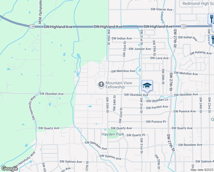 map of restaurants, bars, coffee shops, grocery stores, and more near 1345 Southwest 35th Street in Redmond
