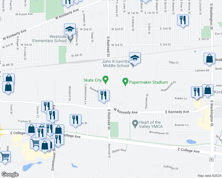 map of restaurants, bars, coffee shops, grocery stores, and more near 425 Taylor Street in Kimberly