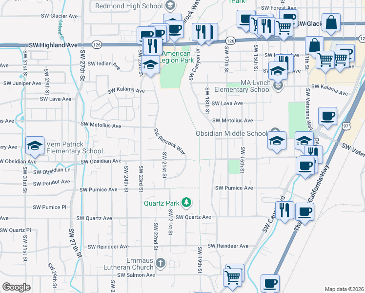 map of restaurants, bars, coffee shops, grocery stores, and more near 1316 Southwest Rimrock Way in Redmond