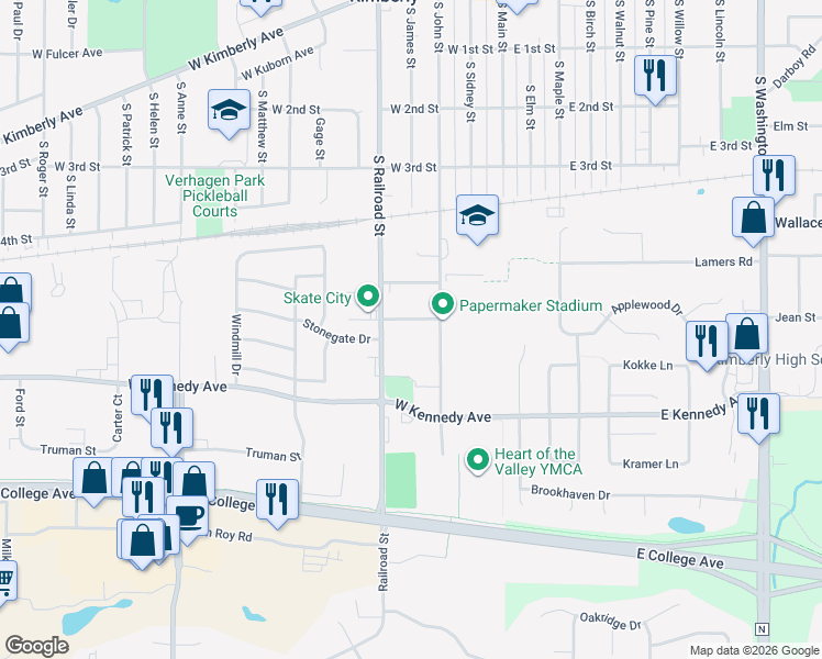 map of restaurants, bars, coffee shops, grocery stores, and more near 413 Taylor Street in Kimberly
