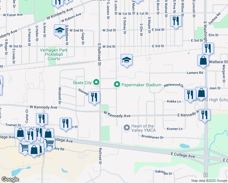 map of restaurants, bars, coffee shops, grocery stores, and more near 401 Taylor Street in Kimberly