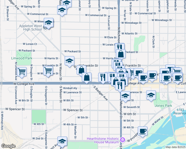 map of restaurants, bars, coffee shops, grocery stores, and more near 212 North Story Street in Appleton