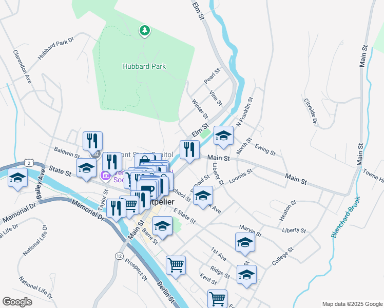 map of restaurants, bars, coffee shops, grocery stores, and more near 155 Elm Street in Montpelier