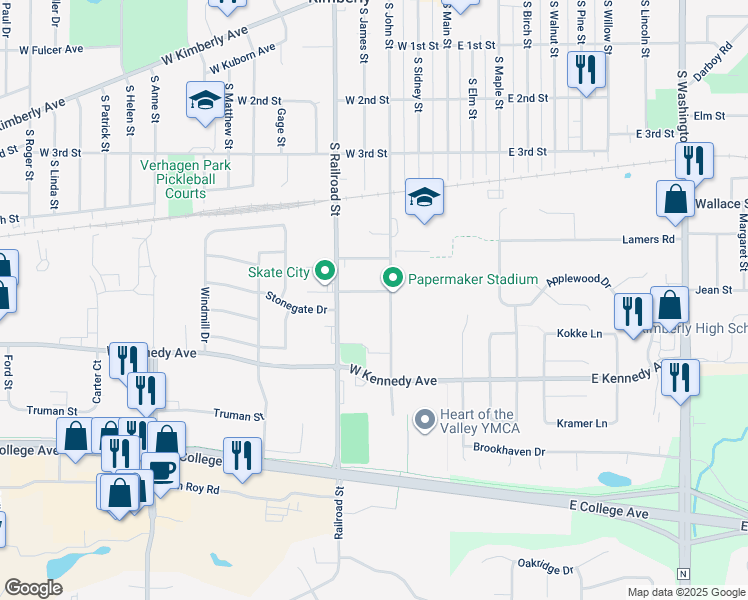 map of restaurants, bars, coffee shops, grocery stores, and more near 428 Taylor Street in Kimberly