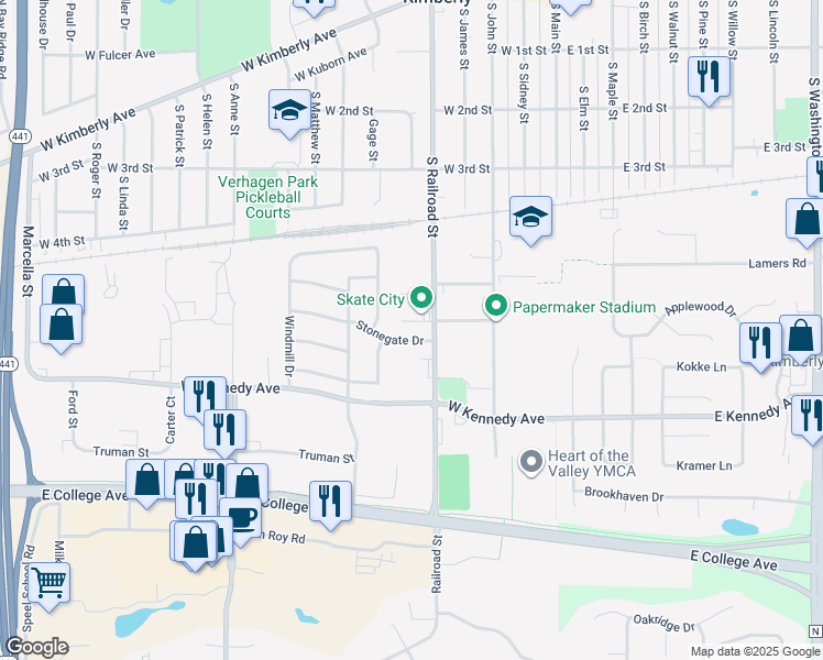 map of restaurants, bars, coffee shops, grocery stores, and more near 708 South Railroad Street in Kimberly
