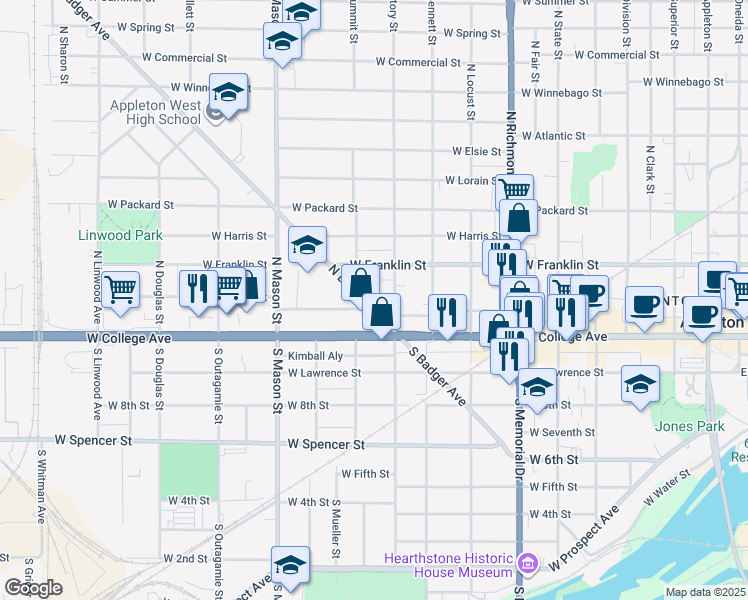 map of restaurants, bars, coffee shops, grocery stores, and more near 210 North Summit Street in Appleton