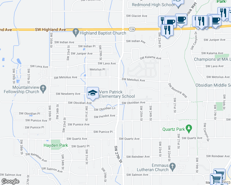 map of restaurants, bars, coffee shops, grocery stores, and more near 1413 Southwest 27th Street in Redmond