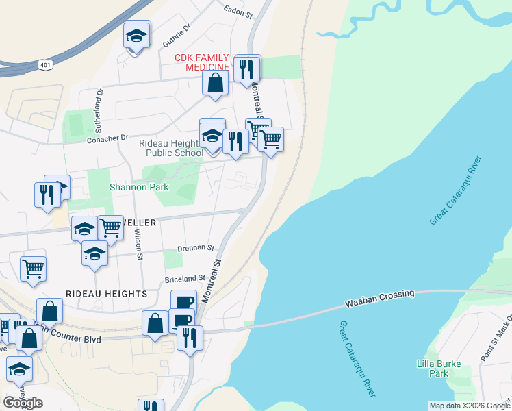 map of restaurants, bars, coffee shops, grocery stores, and more near 1109 Montreal Street in Kingston