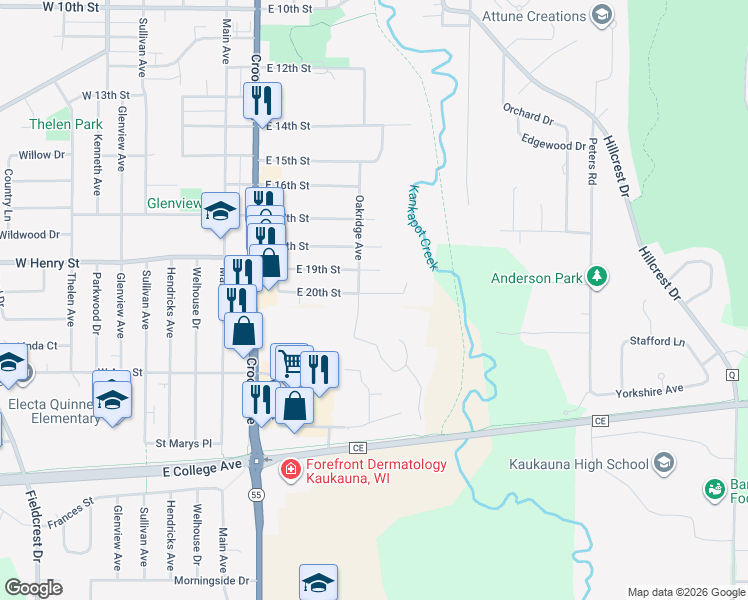 map of restaurants, bars, coffee shops, grocery stores, and more near 502 East 20th Street in Kaukauna