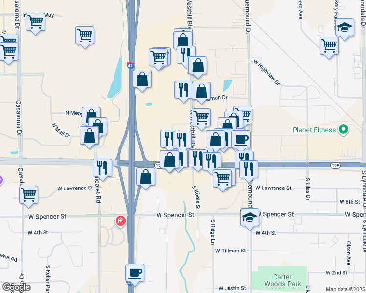 map of restaurants, bars, coffee shops, grocery stores, and more near 3730 West College Avenue in Appleton
