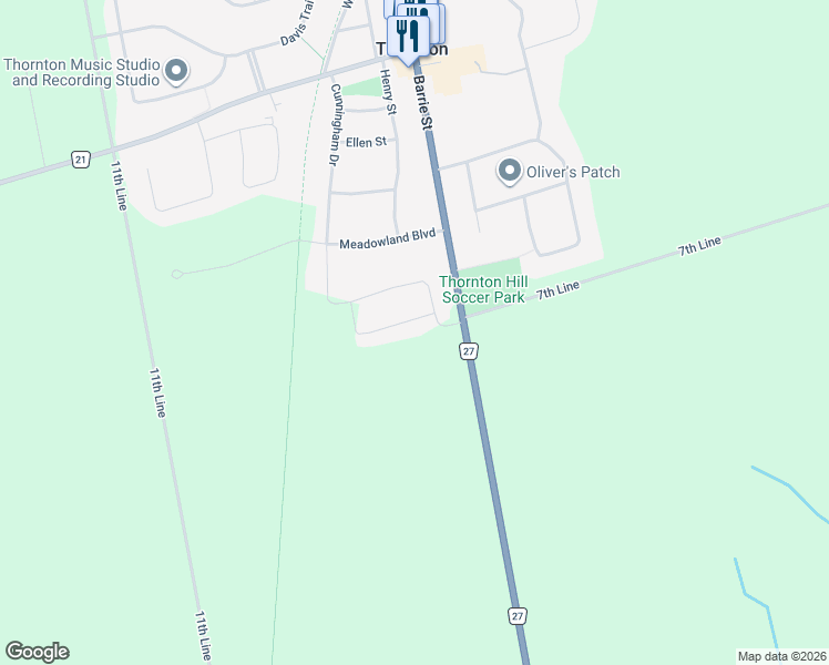 map of restaurants, bars, coffee shops, grocery stores, and more near 7 Stewart Crescent in Thornton