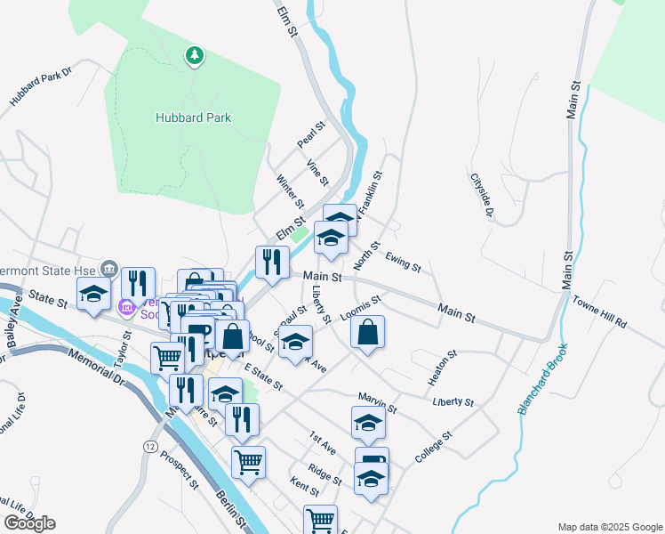 map of restaurants, bars, coffee shops, grocery stores, and more near 170 Main Street in Montpelier