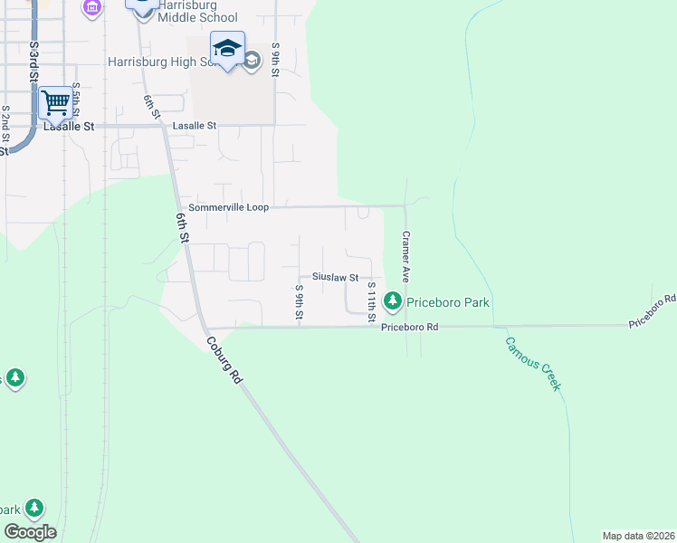 map of restaurants, bars, coffee shops, grocery stores, and more near 1081 Siuslaw St in Harrisburg