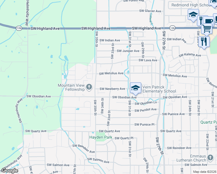 map of restaurants, bars, coffee shops, grocery stores, and more near 1331 Southwest 33rd Street in Redmond