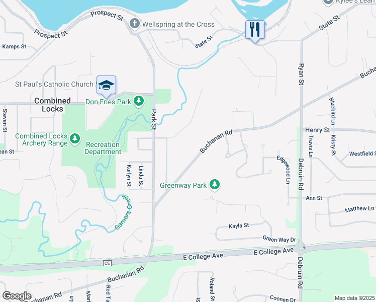 map of restaurants, bars, coffee shops, grocery stores, and more near 562 Buchanan Road in Combined Locks