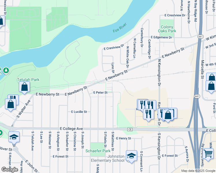 map of restaurants, bars, coffee shops, grocery stores, and more near 2416 East Newberry Street in Appleton