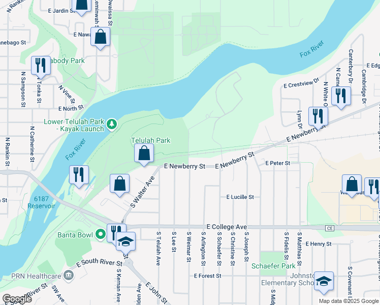 map of restaurants, bars, coffee shops, grocery stores, and more near Newberry Trail in Appleton