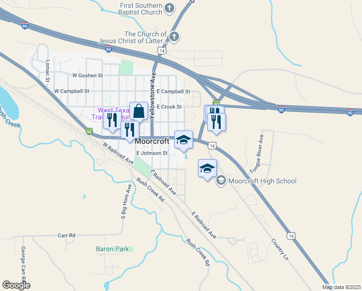 map of restaurants, bars, coffee shops, grocery stores, and more near 112 South Little Horn Avenue in Moorcroft
